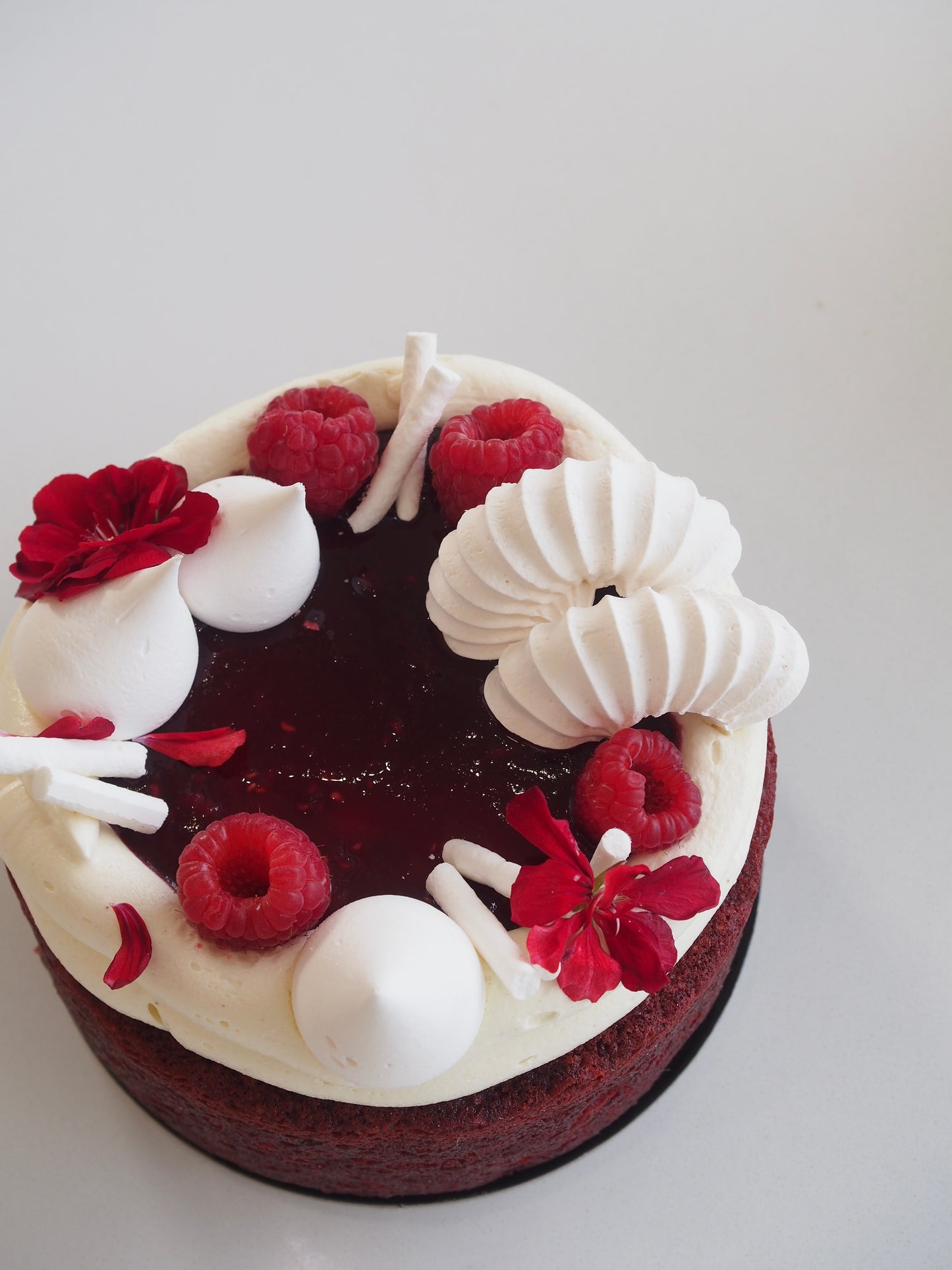 Single layer Red velvet raspberry cake